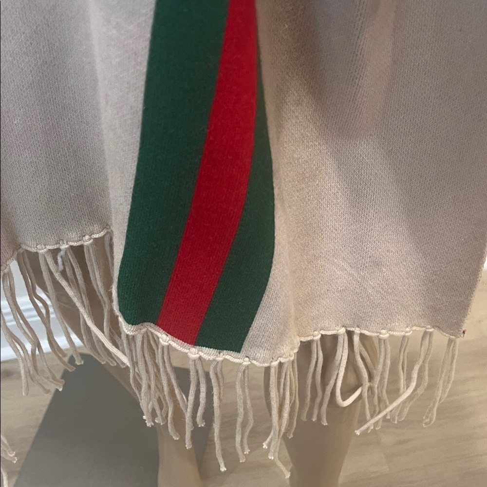 Beige Fringe Fall Wrap Jacket w / Sleeves  - Red/Green Striped - Picture 4 of 5